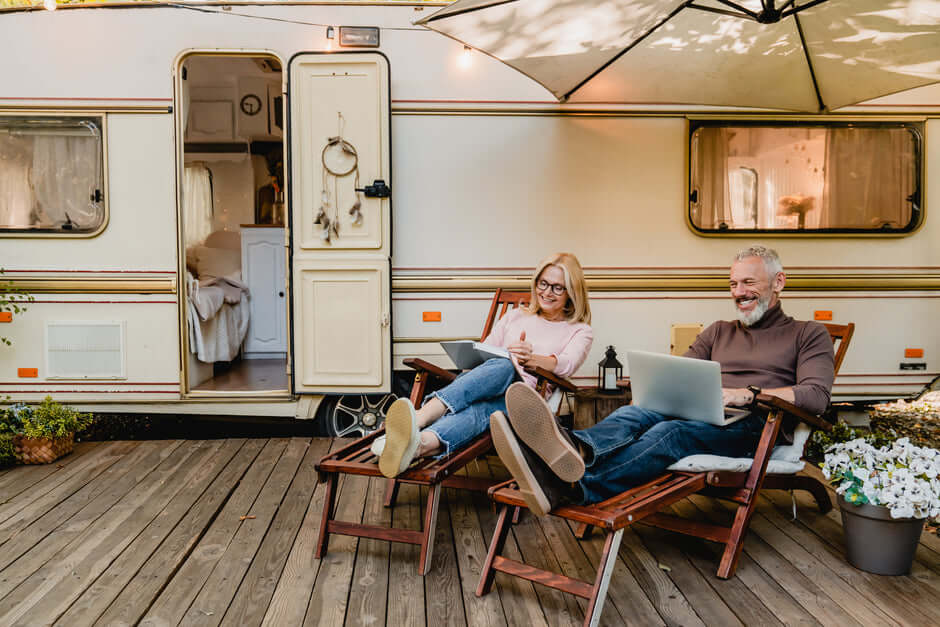RV couple enjoying reliable internet on the road